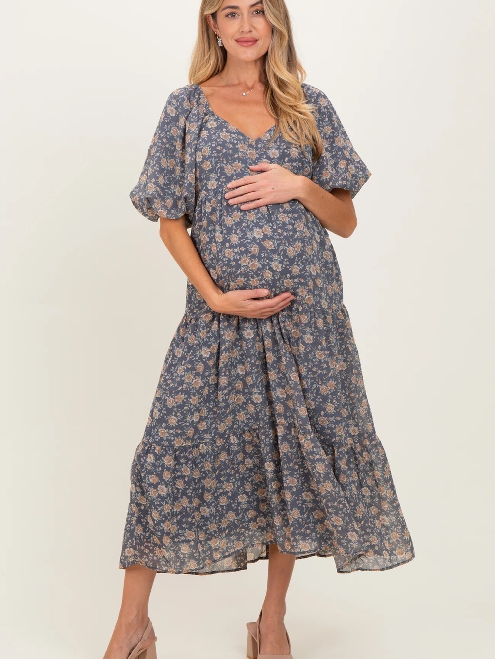 Pinkblush Blue Floral Midi Dress with Puff Sleeves